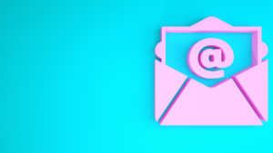 Pink email graphic on blue background